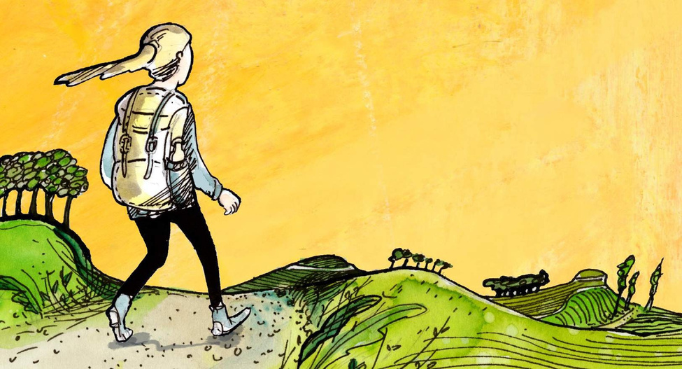 Illustration von einem Mädchen auf auf einem Pfad das in Richtung des gelben Himmels pilgert